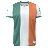 A short-sleeved supporter jersey with green, white, and orange vertical stripes, resembling the Irish flag. The word "IRELAND" is visible on the collar, making it perfect for rugby fans cheering on Ireland Sevens Rugby. This Nations of Rugby Ireland Sevens Rugby Flag Jersey by Admiral is a must-have for any dedicated fan.