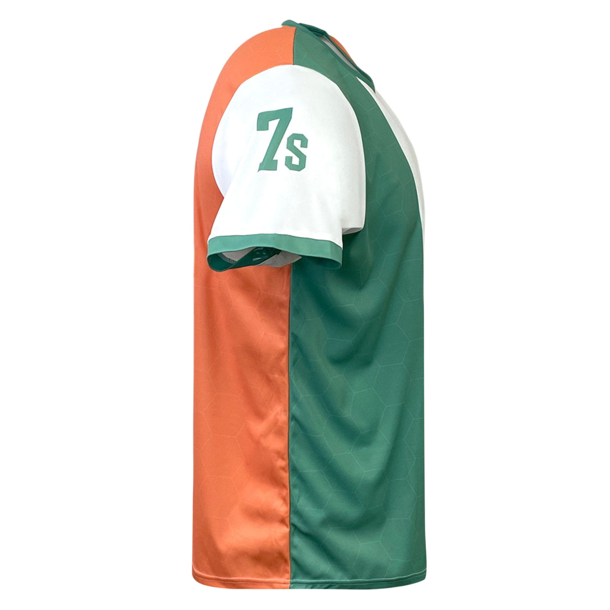 Side view of a supporter jersey with green and orange vertical halves, short sleeves, and "7s" printed on the white right shoulder sleeve. Perfect for rugby fans, this design celebrates Ireland Sevens Rugby. This is the Nations of Rugby Ireland Sevens Rugby Flag Jersey by Admiral.