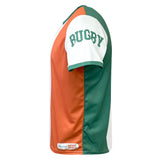 An Admiral Nations of Rugby Ireland Sevens Rugby Flag Jersey featuring green, white, and orange vertical stripes, the word "RUGBY" on the sleeve, with a small logo on the bottom right reading "IRELAND Nations Rugby." Perfect for rugby fans cheering on Ireland Sevens Rugby.