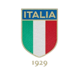 Shield-shaped logo with the Italian flag and the word "Italia" above the year 1929, emblematic of a Nations of Rugby Italy Vintage Hooped Classic Jersey by EMB Mudoo.