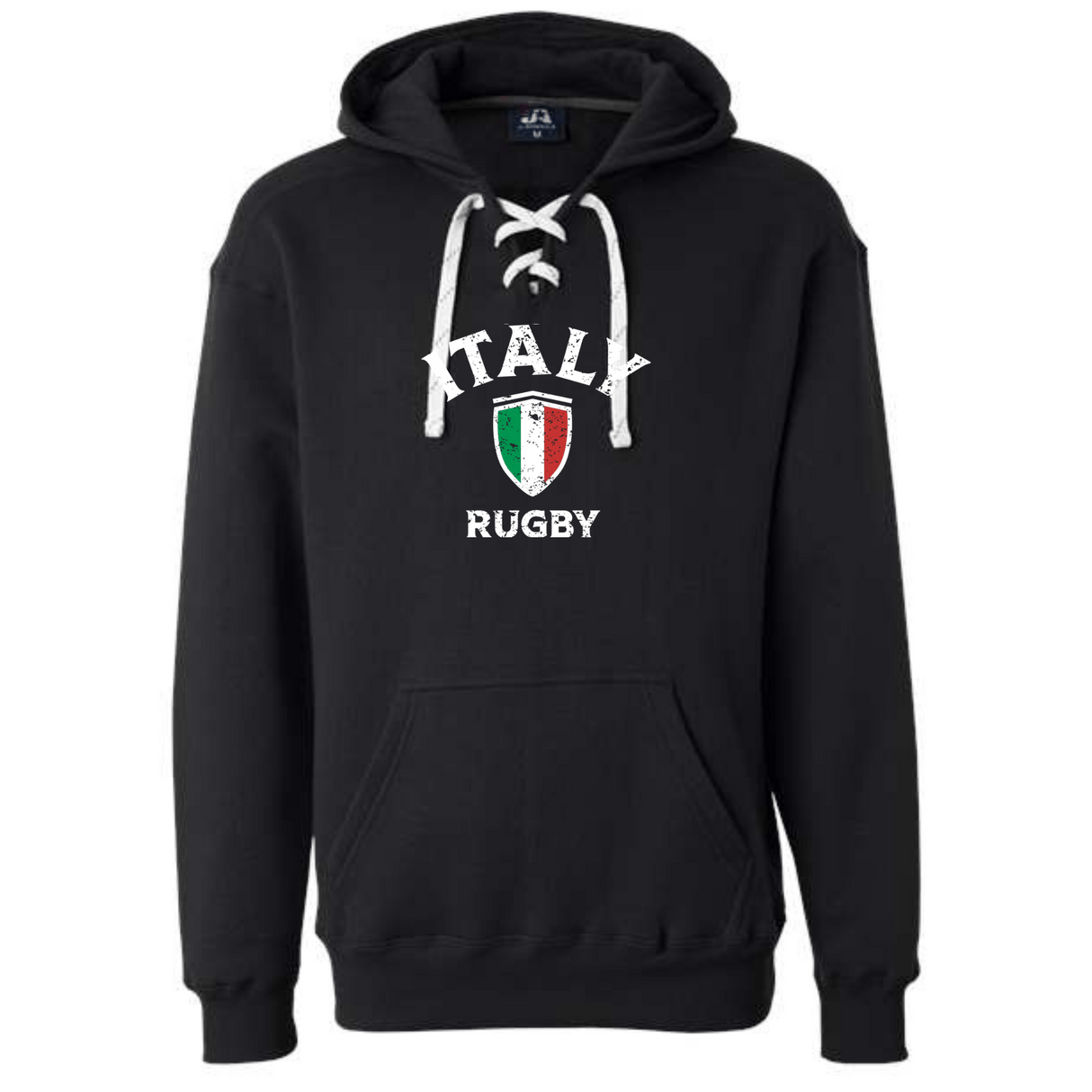 The Nations of Rugby Italy Rugby Hockey Hoodie by WRS S&S Activewear features a black design with a white lace-up neckline, "Italy," an Italian flag shield, and "Rugby" on the chest—perfect for rugby supporters.