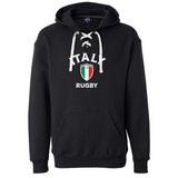 The Nations of Rugby Italy Rugby Hockey Hoodie by WRS S&S Activewear features a black design with a white lace-up neckline, "Italy," an Italian flag shield, and "Rugby" on the chest—perfect for rugby supporters.