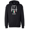 The Nations of Rugby Italy Rugby Hockey Hoodie by WRS S&S Activewear features a black design with a white lace-up neckline, "Italy," an Italian flag shield, and "Rugby" on the chest—perfect for rugby supporters.
