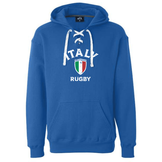 The Nations of Rugby Italy Rugby Hockey Hoodie by WRS S&S Activewear features white laces, "Italy Rugby" text, and an Italian flag shield logo—perfect apparel for rugby supporters.