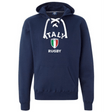 The Nations of Rugby Italy Rugby Hockey Hoodie by WRS S&S Activewear features navy blue fabric, a white lace-up front, front pocket, and "Italy Rugby" text above an Italian flag shield—perfect for Italy rugby supporters.