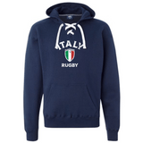 The Nations of Rugby Italy Rugby Hockey Hoodie by WRS S&S Activewear features navy blue fabric, a white lace-up front, front pocket, and "Italy Rugby" text above an Italian flag shield—perfect for Italy rugby supporters.