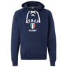 The Nations of Rugby Italy Rugby Hockey Hoodie by WRS S&S Activewear features navy blue fabric, a white lace-up front, front pocket, and "Italy Rugby" text above an Italian flag shield—perfect for Italy rugby supporters.