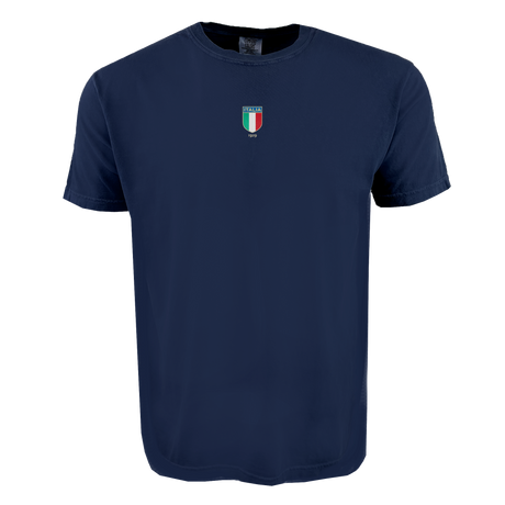 The Italy Vintage Comfort Tee by EMB S&S Activewear features a small Italy shield and "Italia 1982" on navy blue soft USA Cotton, offering timeless comfort and classic rugby style.