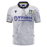 A gray marble-patterned Italy 25/26 Replica Away Jersey by Macron, featuring a black collar and cuffs, blue “Vittoria Assicurazioni” sponsor text, and the Italian rugby crest on the chest—ideal for fans seeking a stylish Italia Rugby Shirt or collectors looking to add an authentic Macron replica jersey to their lineup.