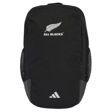 The All Blacks 24/25 Supporters Backpack by adidas features "ALL BLACKS," a fern logo, side mesh pockets, and a small adidas logo at the bottom, making it perfect for fans.