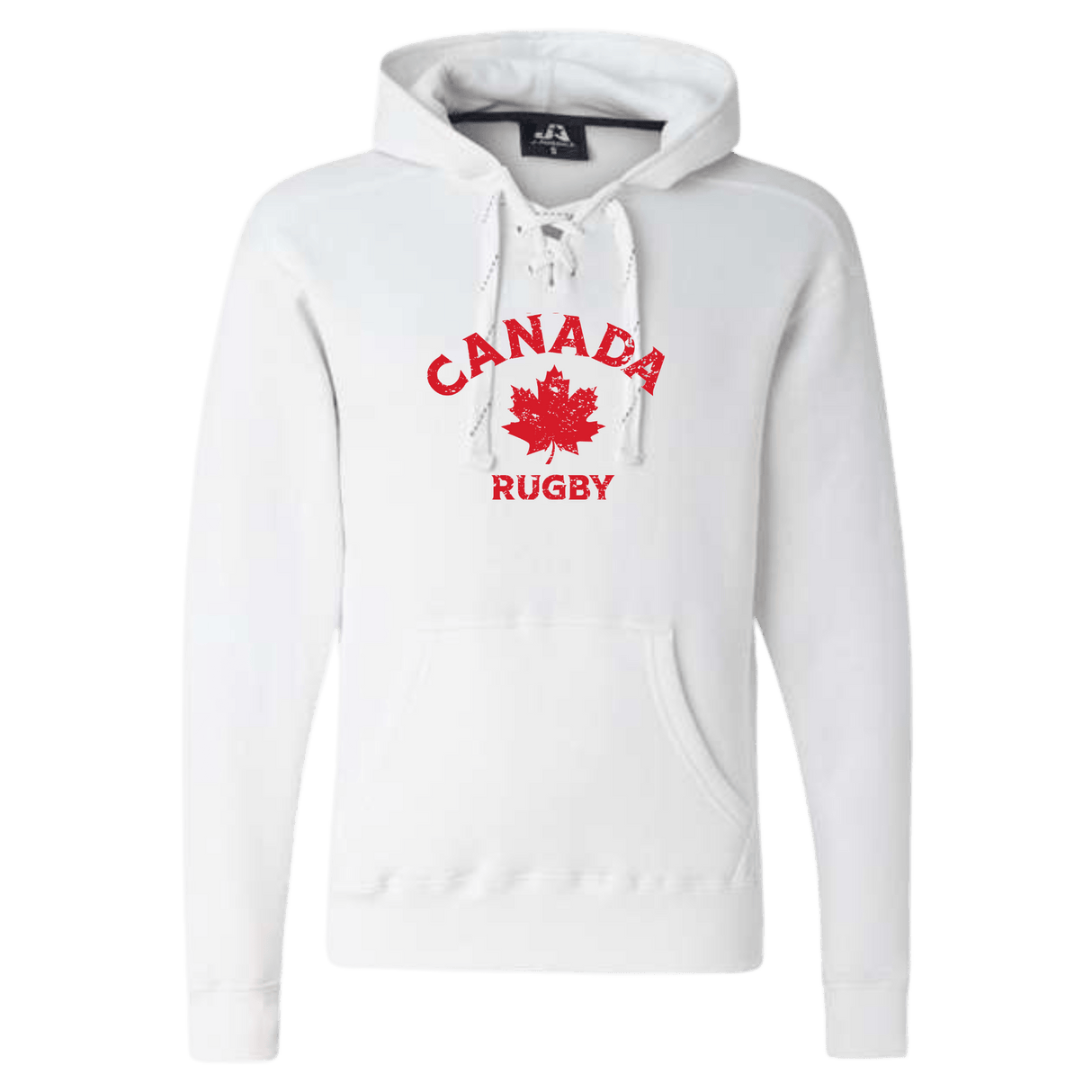 White Nations of Rugby Canada Rugby Hockey Hoodie with "Canada Rugby" text and a red maple leaf logo by WRS Alpha Broder.