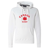 White Nations of Rugby Canada Rugby Hockey Hoodie with "Canada Rugby" text and a red maple leaf logo by WRS Alpha Broder.