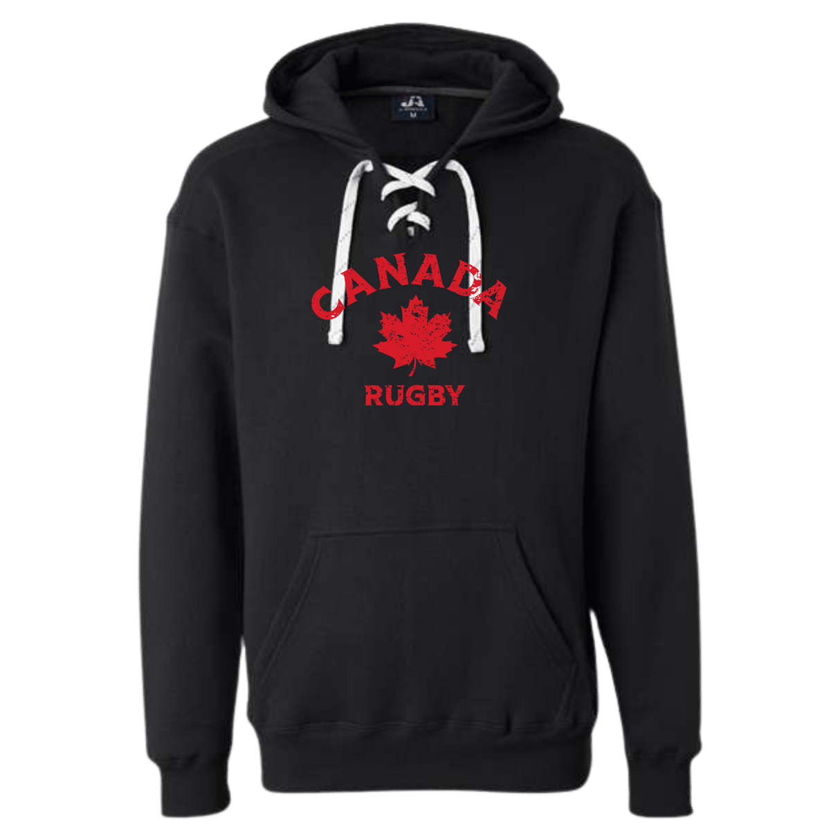 Black hoodie with "Nations of Rugby Canada Rugby" and a maple leaf graphic on the front, perfect as a rugby hoodie.