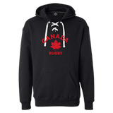 Black hoodie with "Nations of Rugby Canada Rugby" and a maple leaf graphic on the front, perfect as a rugby hoodie.