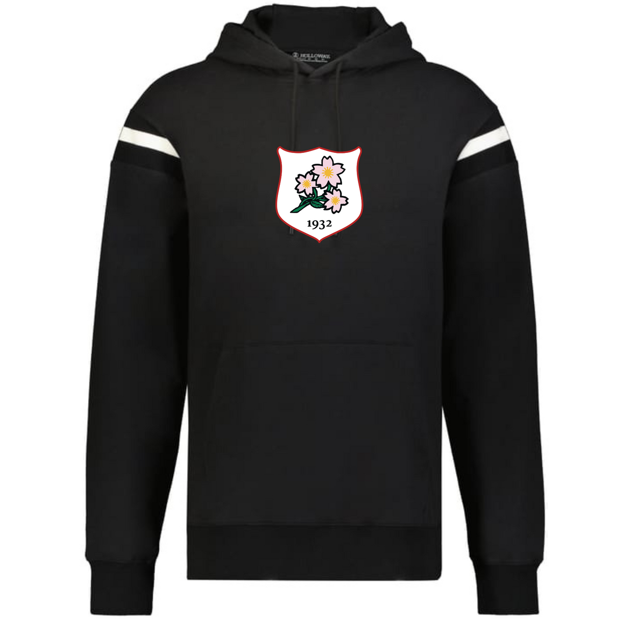 The WRS Augusta Japan Heritage Prep Vintage Shield Hoodie features white arm stripes and a floral emblem with "1932" on the chest, combining sporty style and vintage flair.