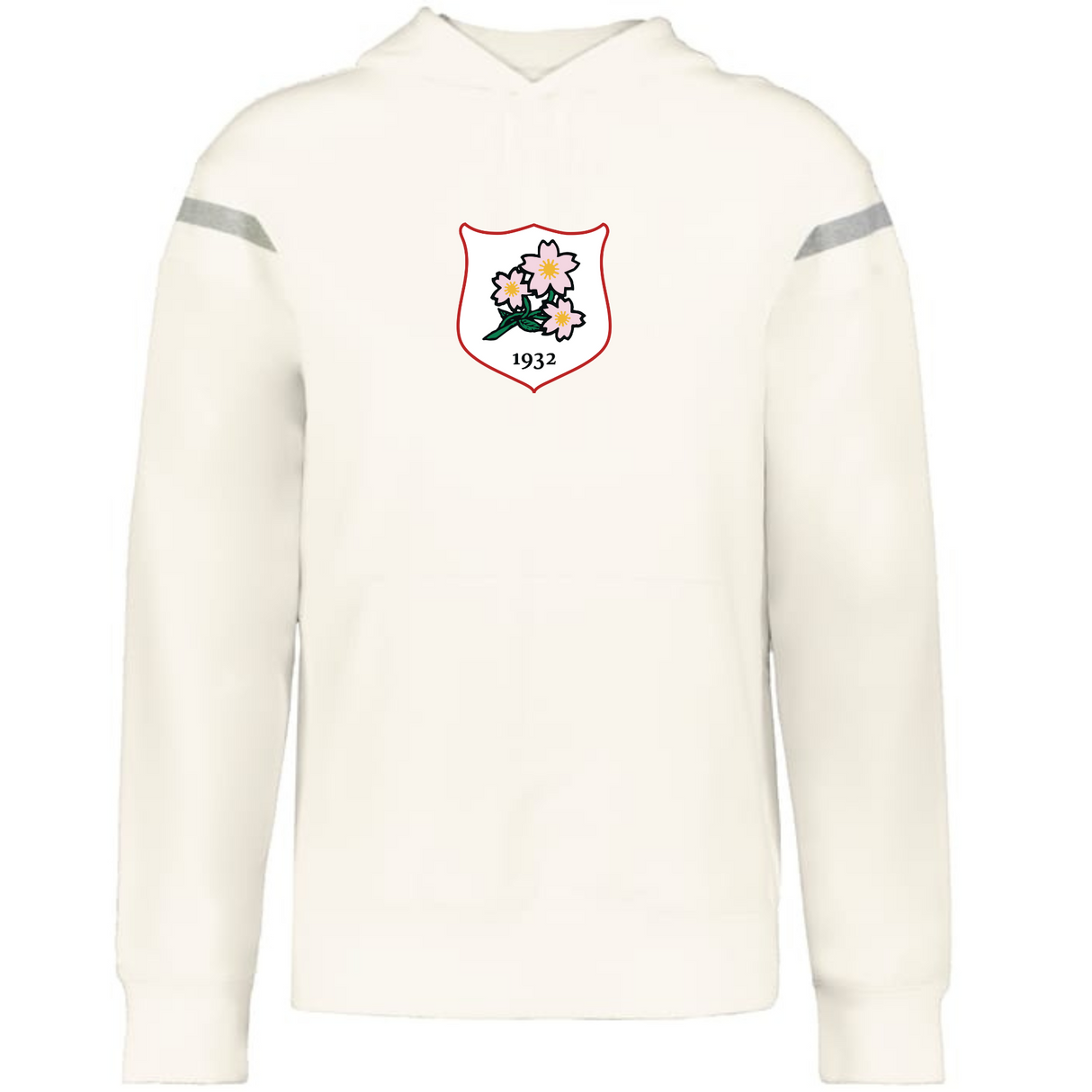 The WRS Augusta Japan Heritage Prep Vintage Shield Hoodie features a white design with a "1932" shield crest of pink flowers and green leaves on the chest, plus two gray stripes on the upper sleeves for classic style.