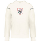 The WRS Augusta Japan Heritage Prep Vintage Shield Hoodie features a white design with a "1932" shield crest of pink flowers and green leaves on the chest, plus two gray stripes on the upper sleeves for classic style.