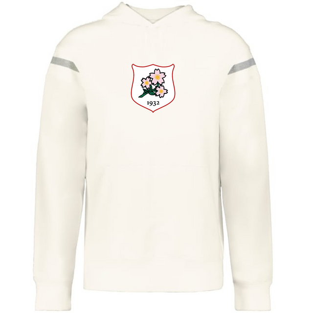 The WRS Augusta Japan Heritage Prep Vintage Shield Hoodie features a white design with a "1932" shield crest of pink flowers and green leaves on the chest, plus two gray stripes on the upper sleeves for classic style.