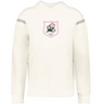 The WRS Augusta Japan Heritage Prep Vintage Shield Hoodie features a white design with a "1932" shield crest of pink flowers and green leaves on the chest, plus two gray stripes on the upper sleeves for classic style.