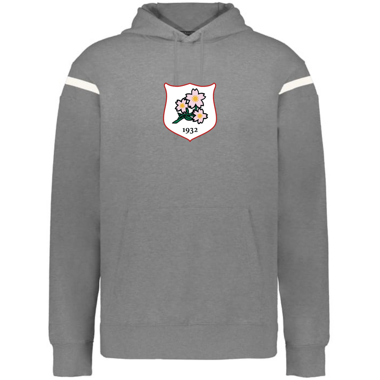 The WRS Augusta Japan Heritage Prep Vintage Shield Hoodie features gray fabric, white sleeve stripes, and a chest emblem with pink flowers, green leaves, and "1932"—a stylish tribute to classic athletic design.