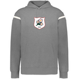 The WRS Augusta Japan Heritage Prep Vintage Shield Hoodie features gray fabric, white sleeve stripes, and a chest emblem with pink flowers, green leaves, and "1932"—a stylish tribute to classic athletic design.