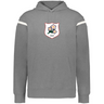 The WRS Augusta Japan Heritage Prep Vintage Shield Hoodie features gray fabric, white sleeve stripes, and a chest emblem with pink flowers, green leaves, and "1932"—a stylish tribute to classic athletic design.