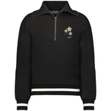 The EMB Augusta Women's Vintage Japan Heritage Prep Pullover features a black quarter-zip design with white and black striped cuffs and hem, plus a floral graphic and "1932" on the chest for heritage-inspired style.