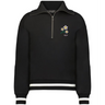 The EMB Augusta Women's Vintage Japan Heritage Prep Pullover features a black quarter-zip design with white and black striped cuffs and hem, plus a floral graphic and "1932" on the chest for heritage-inspired style.