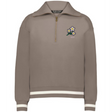 The EMB Augusta Women's Vintage Japan Heritage Prep Pullover features a taupe quarter-zip, white-striped cuffs and hem, and embroidered floral and “1932” details—blending preppy Japanese-inspired and women's heritage style.