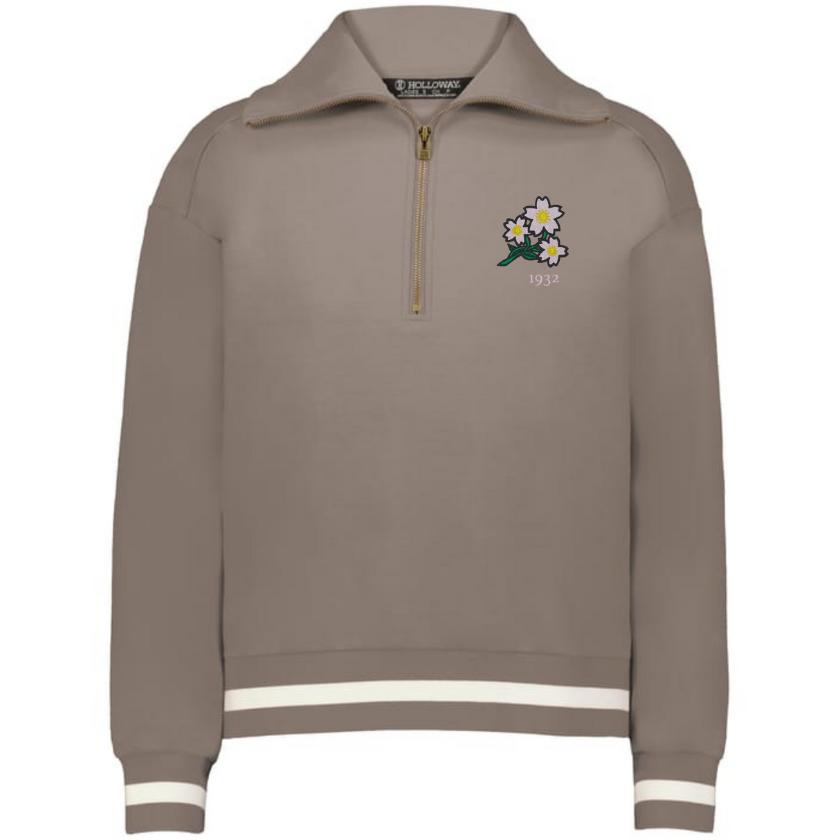 The EMB Augusta Women's Vintage Japan Heritage Prep Pullover features a taupe quarter-zip, white-striped cuffs and hem, and embroidered floral and “1932” details—blending preppy Japanese-inspired and women's heritage style.