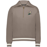 The EMB Augusta Women's Vintage Japan Heritage Prep Pullover features a taupe quarter-zip, white-striped cuffs and hem, and embroidered floral and “1932” details—blending preppy Japanese-inspired and women's heritage style.