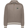 The EMB Augusta Women's Vintage Japan Heritage Prep Pullover features a taupe quarter-zip, white-striped cuffs and hem, and embroidered floral and “1932” details—blending preppy Japanese-inspired and women's heritage style.