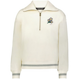 The EMB Augusta Women's Vintage Japan Heritage Prep Pullover is cream-colored with grey-trimmed cuffs and hem, a small floral emblem, and "1932" on the chest for classic heritage style.