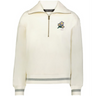 The EMB Augusta Women's Vintage Japan Heritage Prep Pullover is cream-colored with grey-trimmed cuffs and hem, a small floral emblem, and "1932" on the chest for classic heritage style.