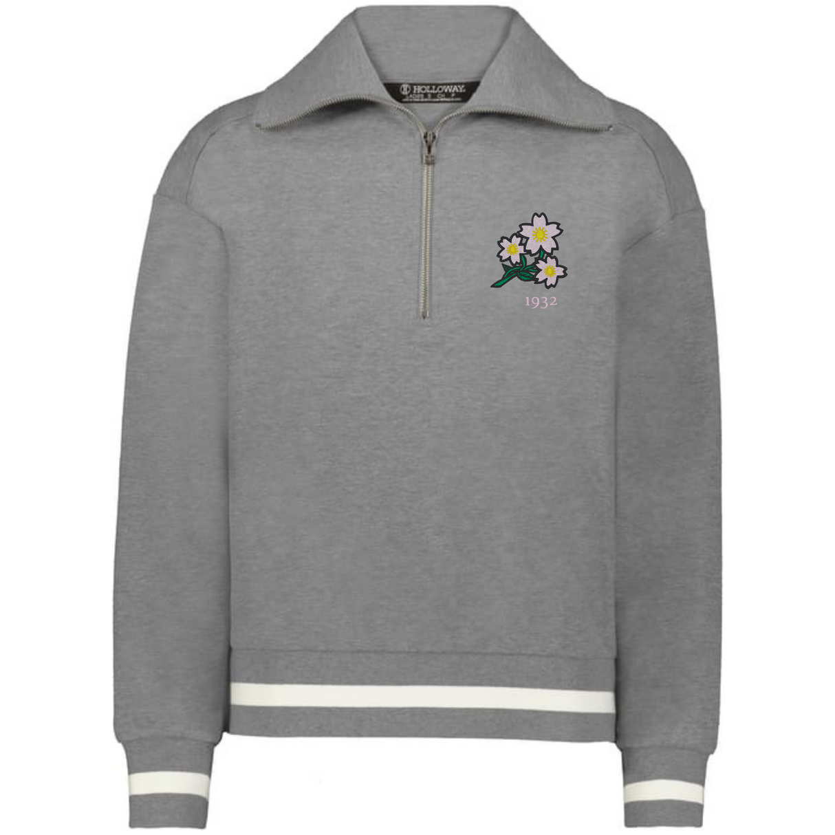 The EMB Augusta Women's Vintage Japan Heritage Prep Pullover is a grey quarter-zip with white-striped cuffs and hem, a floral graphic, and "1932" on the left chest—honoring women's heritage with subtle Japan prep style.