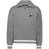 The EMB Augusta Women's Vintage Japan Heritage Prep Pullover is a grey quarter-zip with white-striped cuffs and hem, a floral graphic, and "1932" on the left chest—honoring women's heritage with subtle Japan prep style.