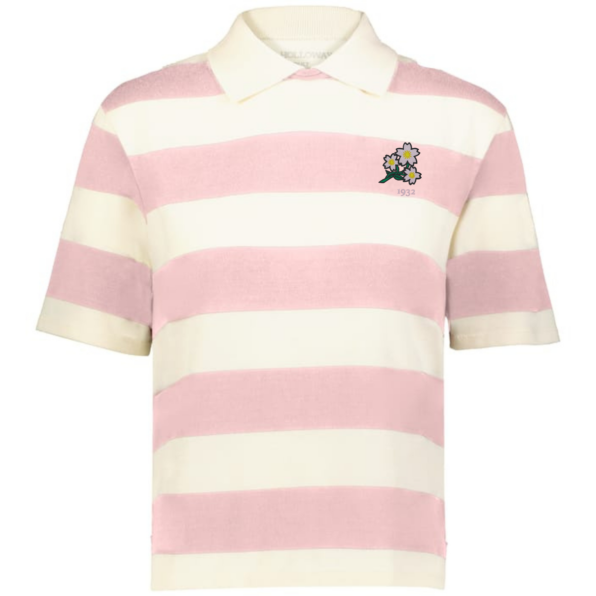 The EMB Augusta Women's Vintage Japan Prep Street Rugby Crop features wide pink and white stripes, a small flower graphic, and "1993" on the left chest—a playful nod to women's prep street style.