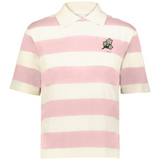 The EMB Augusta Women's Vintage Japan Prep Street Rugby Crop features wide pink and white stripes, a small flower graphic, and "1993" on the left chest—a playful nod to women's prep street style.