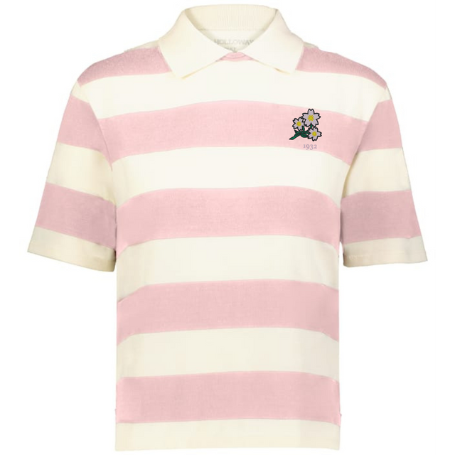 The EMB Augusta Women's Vintage Japan Prep Street Rugby Crop features wide pink and white stripes, a small flower graphic, and "1993" on the left chest—a playful nod to women's prep street style.