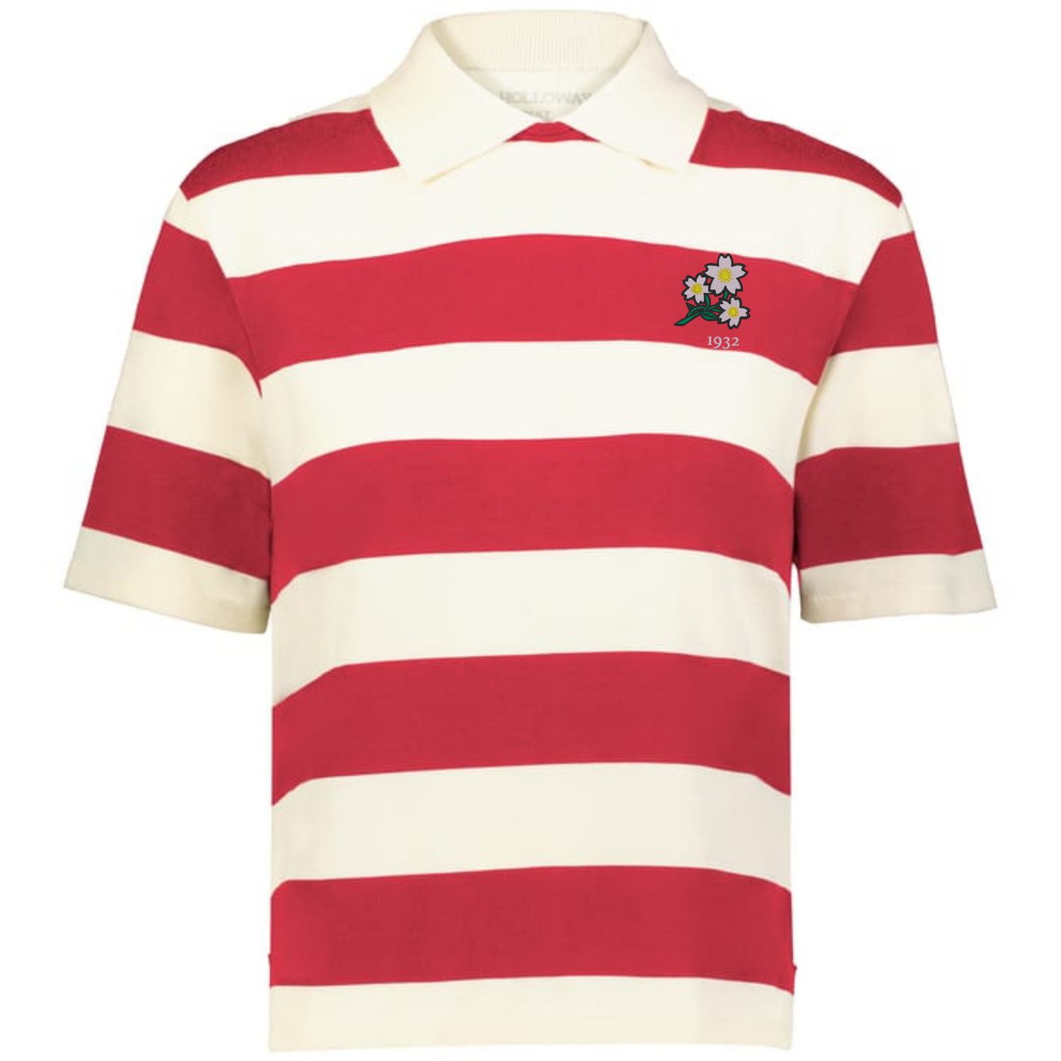The EMB Augusta Women's Vintage Japan Prep Street Rugby Crop features bold red and white stripes, a classic collar, and an embroidered floral "1932" badge—ideal for women’s prep street fashion.