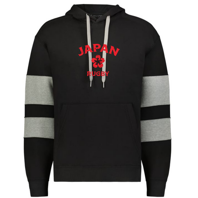 Stay warm in the WRS Augusta Nations of Rugby Japan Jackson Way Hoodie, featuring grey-striped sleeves, a front pocket, and bold red "JAPAN RUGBY" text with a red emblem—ideal for any rugby fan.