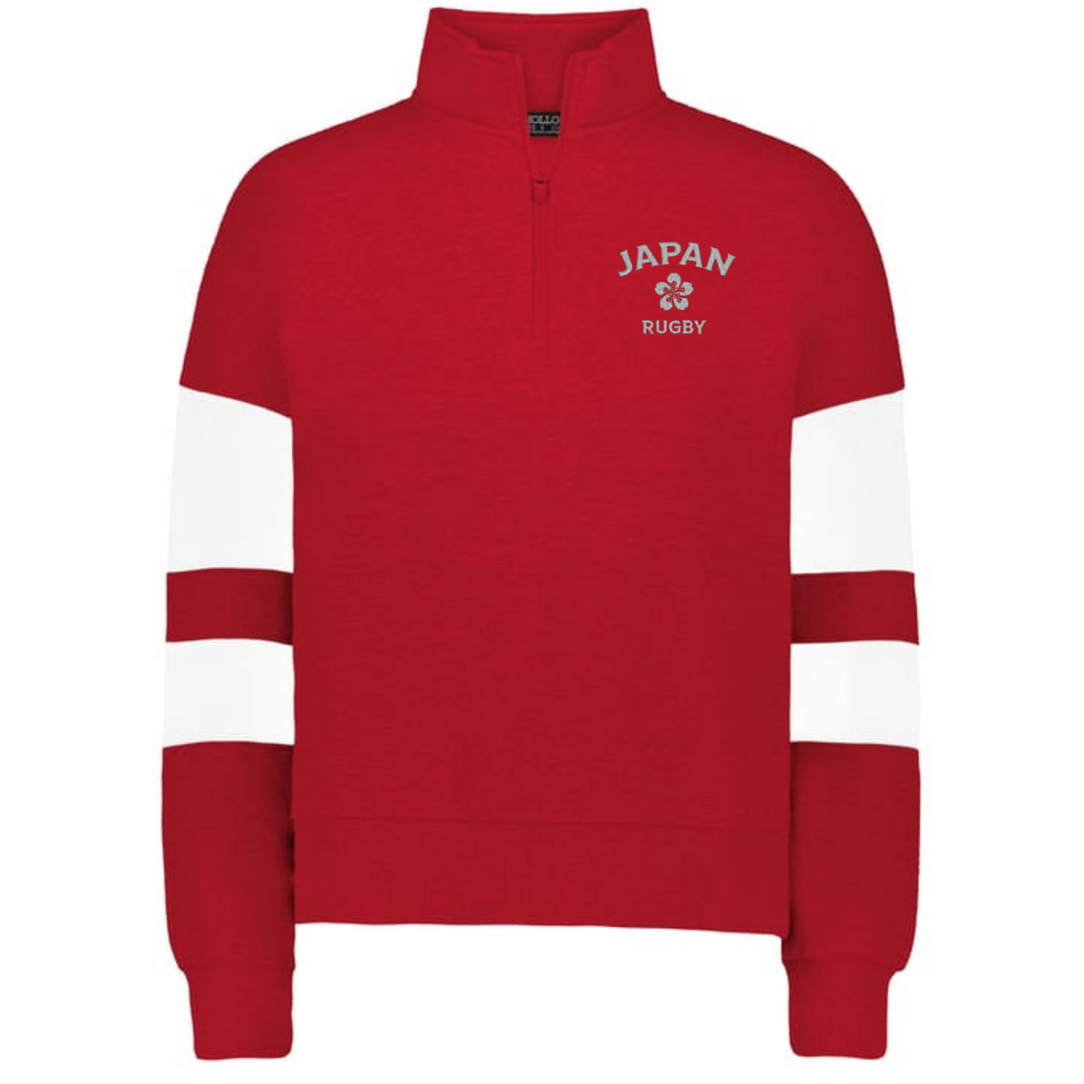 The EMB Augusta Women's Nations of Rugby Japan Jackson Way Pullover features red fabric, white sleeve stripes, "Japan Rugby" text, and a chest emblem—perfect for sporty style and showing support for Japan.