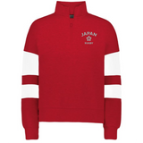 The EMB Augusta Women's Nations of Rugby Japan Jackson Way Pullover features red fabric, white sleeve stripes, "Japan Rugby" text, and a chest emblem—perfect for sporty style and showing support for Japan.