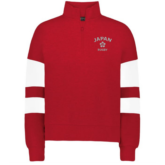 The EMB Augusta Women's Nations of Rugby Japan Jackson Way Pullover features red fabric, white sleeve stripes, "Japan Rugby" text, and a chest emblem—perfect for sporty style and showing support for Japan.