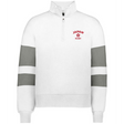 The EMB Augusta Women's Nations of Rugby Japan Jackson Way Pullover is a white cropped fleece quarter-zip with two thick gray sleeve stripes and "JAPAN RUGBY" plus a red flower logo on the upper left chest for a sporty look.