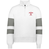 The EMB Augusta Women's Nations of Rugby Japan Jackson Way Pullover is a white cropped fleece quarter-zip with two thick gray sleeve stripes and "JAPAN RUGBY" plus a red flower logo on the upper left chest for a sporty look.