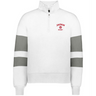 The EMB Augusta Women's Nations of Rugby Japan Jackson Way Pullover is a white cropped fleece quarter-zip with two thick gray sleeve stripes and "JAPAN RUGBY" plus a red flower logo on the upper left chest for a sporty look.