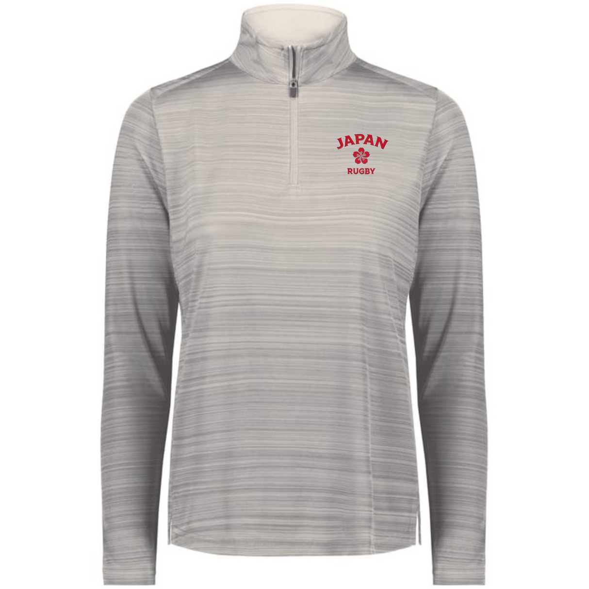 The EMB Augusta Women's Nations of Rugby Japan Pursuit 1/4 Zip Pullover is a light gray long-sleeve featuring "JAPAN RUGBY" and a red cherry blossom emblem—ideal Japan rugby apparel for fans.