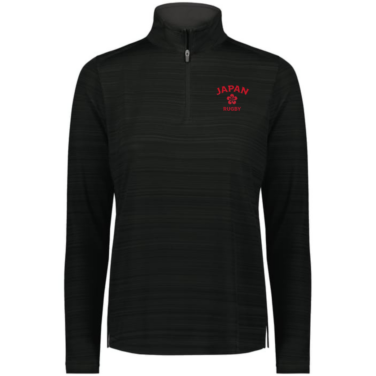 The EMB Augusta Women's Nations of Rugby Japan Pursuit 1/4 Zip Pullover features "JAPAN RUGBY" and a red cherry blossom logo on the left chest—a stylish pick for Japan rugby fans.