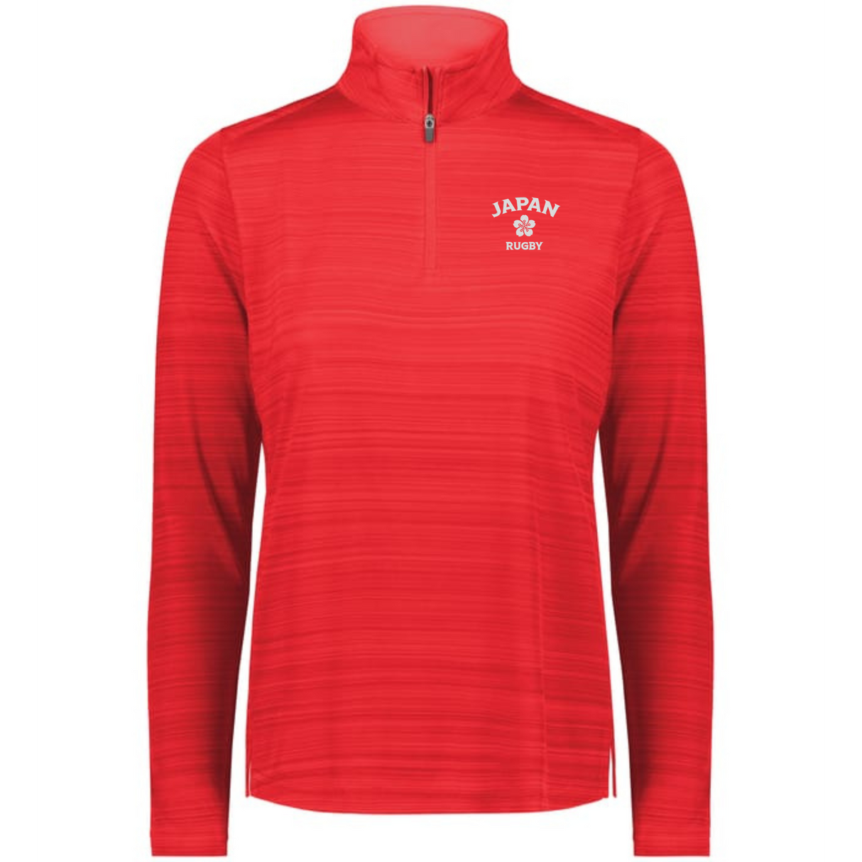 The EMB Augusta Women's Nations of Rugby Japan Pursuit 1/4 Zip Pullover features "JAPAN RUGBY" and a cherry blossom logo on the left chest—perfect for fans seeking stylish Japan rugby apparel.